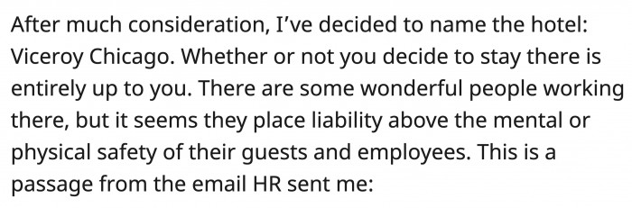 OP eventually named the hotel and shared the email she received from the company's HR.