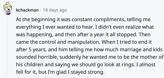 It's hard to stay strong when they're building an ideal image for you; it's a good thing this Redditor did.