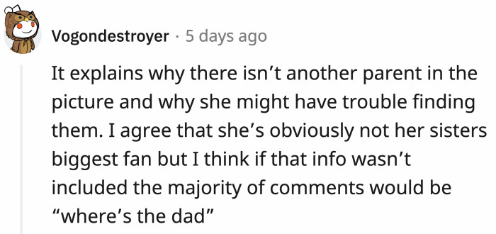 If OP hadn't included the fact that her sister has had multiple partners in the past and has no idea who the fathers of the kids are, half of the comments would ask about the dads and why they aren't stepping up.