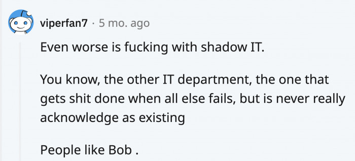 Be aware of the shadow IT; make sure to be nice to them; you don’t know the kind of capability they have