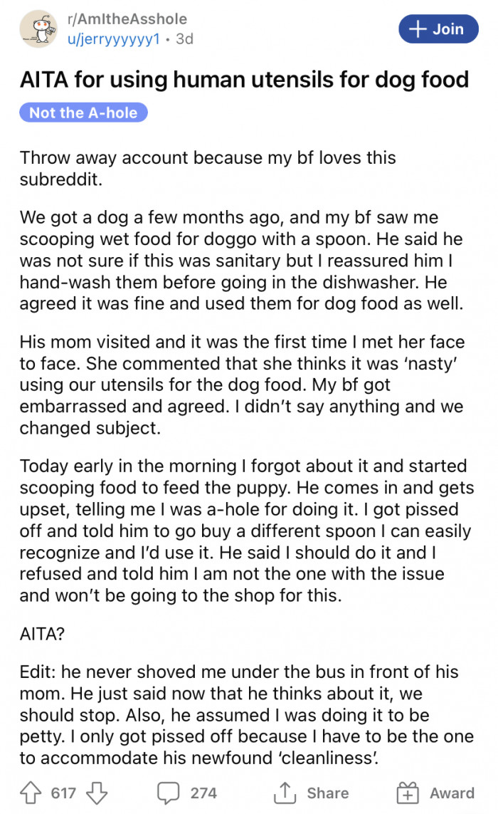 The Redditor explained that her boyfriend had been concerned about her using their utensils to dish up their dog's food.