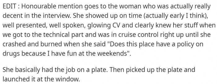 She just picked up the job only to toss it out the window