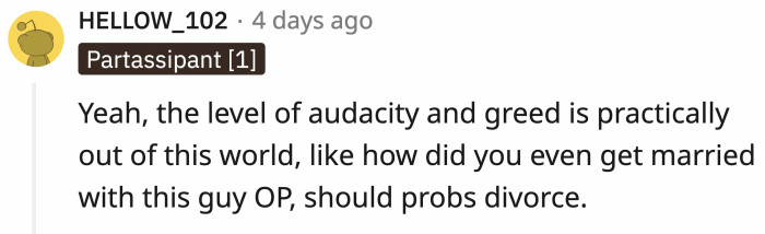 This was not the only comment suggesting a divorce.