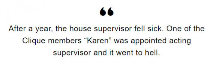 The supervisor fell sick, and one of the clique members was appointed acting supervisor. From then on, things became worse.