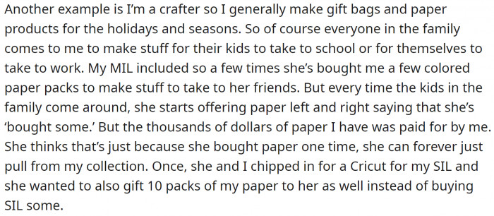 The mother-in-law contributes some, but takes beyond what she contributed.