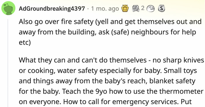 One commenter gave suggestions on how to prepare the siblings in case of emergencies and which adults they can trust.