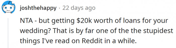 21. Loaning for the wedding was very reckless.