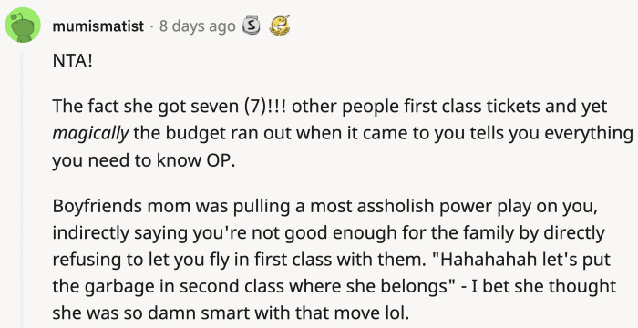 Someone pointed out that Becky technically didn't spend any money on OP's FREE ticket.