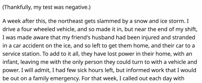 OP then had an emergency that required her to be absent from work