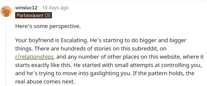 Yes, this is escalating. The BF is literally following the steps in the 