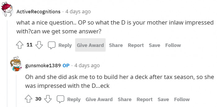 Oh good, but MIL is going to remember the nude every time she thinks of a deck.