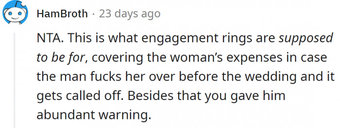 22. The engagement ring is supposed to be for exactly this kind of situation.