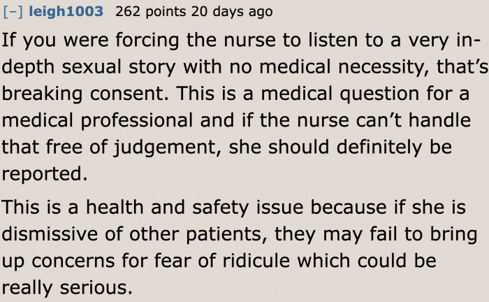 There is a clear difference between sharing a sexual story and asking a sexual question for medical reasons. In this situation, the woman was obviously inquiring about the latter.