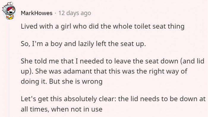 3. You have to find a compromise when it comes to the toilet seat debate.