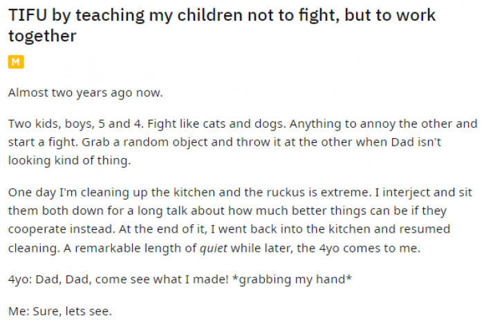 1. The Redditor narrated an interesting story of how his kids were always at loggerheads until he stepped in and tried to teach them the importance of teamwork