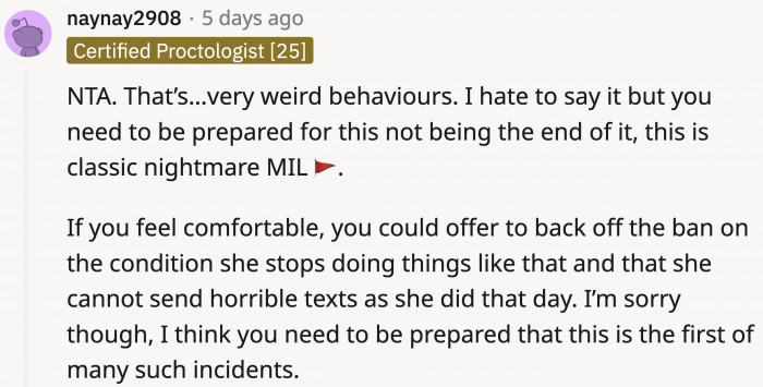 This won't be the last time OP will be hearing from her mother-in-law