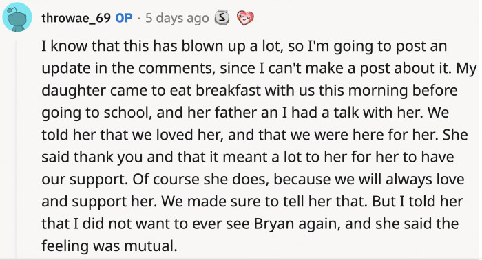 After all the attention and support OP received from fellow Redditors, she posted an update about Sara and Bryan's situation; FYI, cops were involved, so keep on reading:
