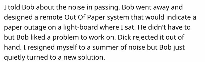 Bob lent a helping hand to OP, but the manager dismissed it