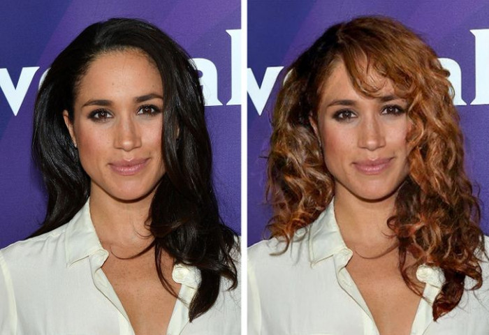 1. Meghan Markle’s large waves are replaced with tight brown curls and it does really make a change