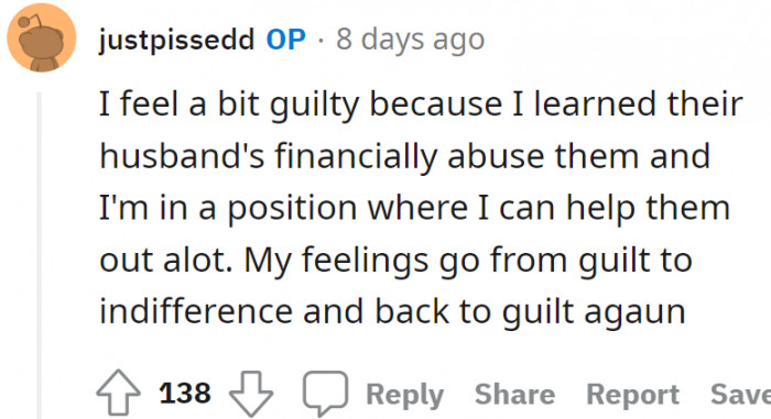 OP explained further why she felt guilty when she learned her siblings had been financially abused by their husbands.