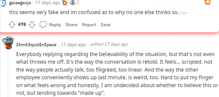 Contemplating whether to believe the story or not...