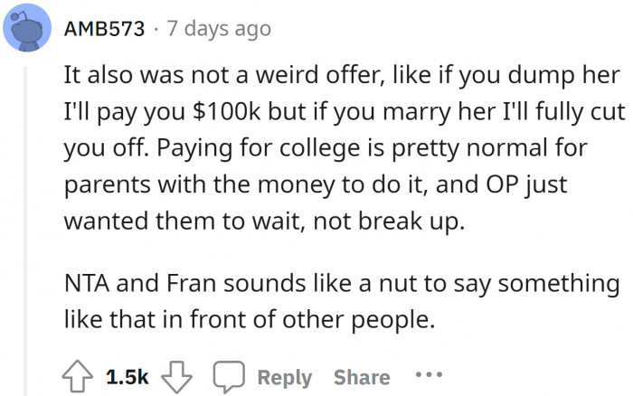 The original poster had the full power to tell her son to cut her off completely, but instead, she just made them wait for a couple of years.