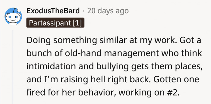 A Redditor is not tolerating bullying in their workplace and is trying to eliminate that problem