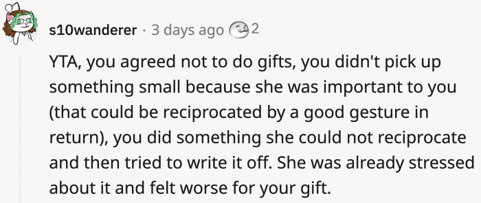 By breaking the agreement, OP's generous gift was tainted.