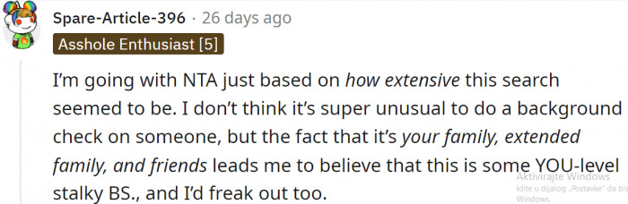 It's not just a background check for the OP. It's for everyone involved in her life.