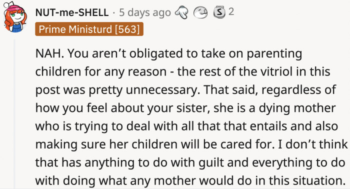 From another perspective: this is a desperate cry for help from a dying mother who is looking for the best option for her children.