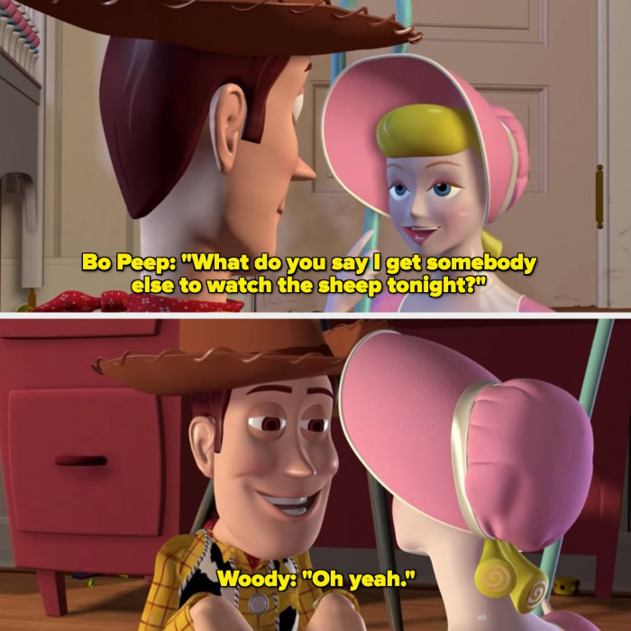 1. Recall Woody flirting with Bo Peep in the movie, Toy Story