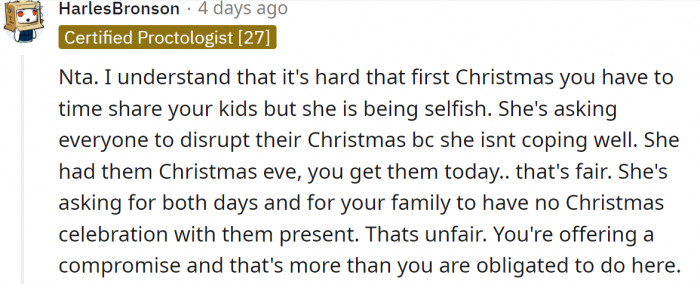 She is the selfish one here.