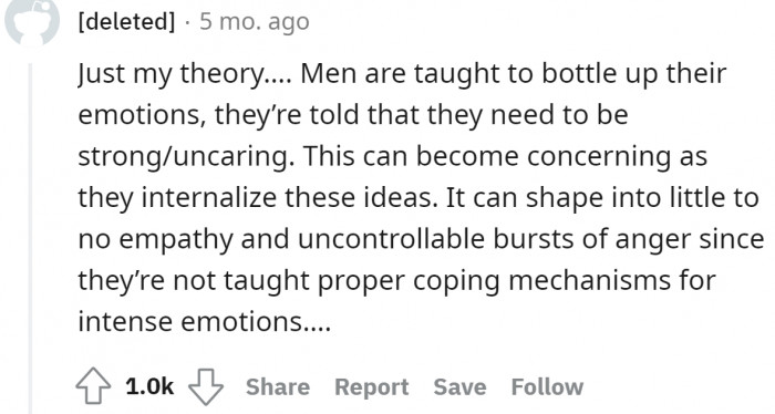 Men are thought to bottle up their emotions with no way out, while women are taught to express and manage theirs.