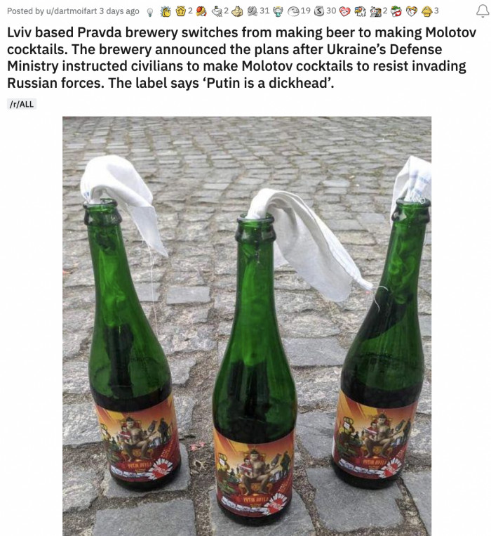 10. Pravda Brewery is now in the business of producing Molotov cocktails aimed at Putin