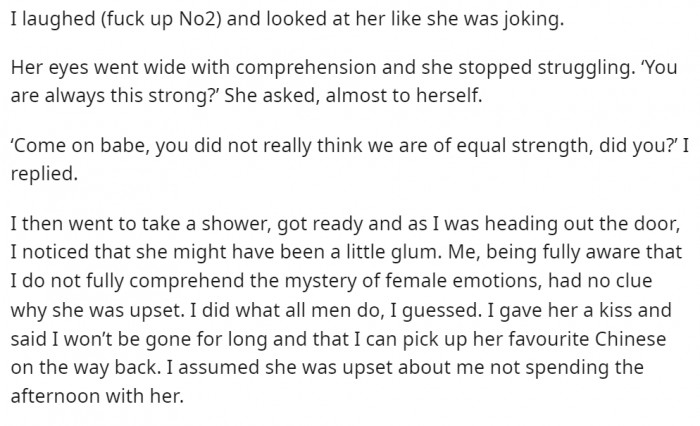 However, his response and reaction to the situation weren't what she expected, sadly.