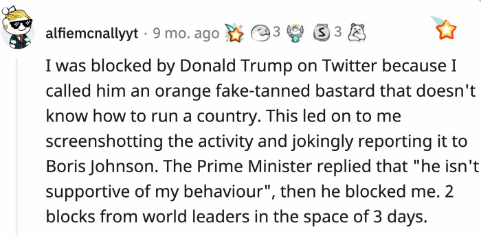 Not one but two blocks from world leaders; this Redditor must feel really special