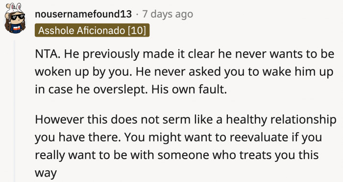 In case anyone has a short-term memory problem, here's why OP didn't bother waking her SO.