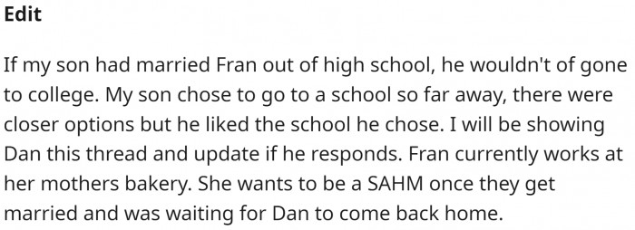 The mother was absolutely right, and Fran was definitely not ready to get married at 18, and probably isn't now.