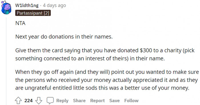Next time, donate (to a charity connected to their interests) in their names.