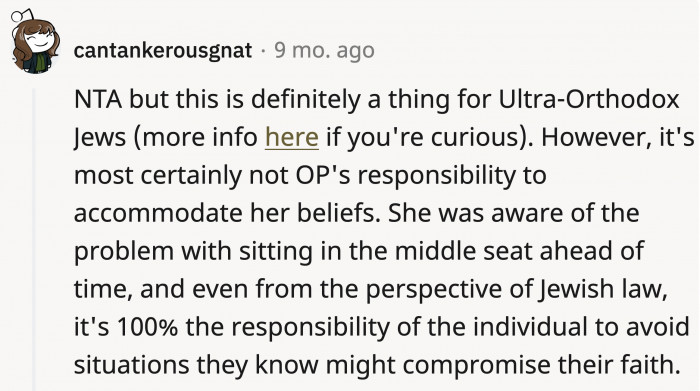 It's up to the individual to avoid situations that could compromise their beliefs. She should have booked two seats.