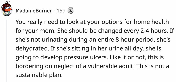 This person is correct to point out the unmet but very pressing needs of the mother.