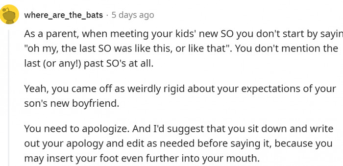 You never, ever speak about your kids' prior relationships in front of their new boyfriend or girlfriend.