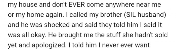 OP didn't take those words lightly. In fact, she banned her sister-in-law and niece from coming to her house ever again.
