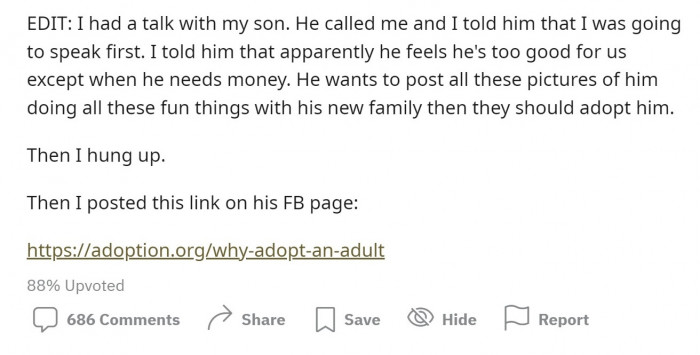 Later on, the OP posted an update saying he had spoken with his son and told him he should get his 