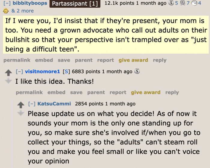 To make everything fair, the teenager's mom has to be present during the talk.