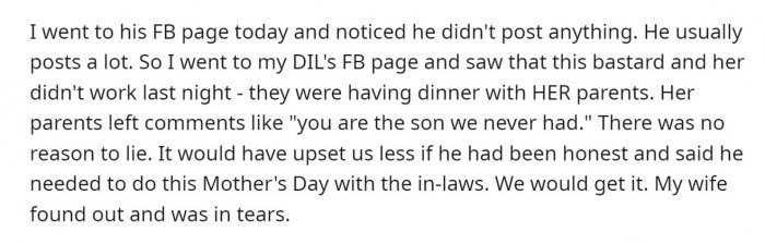 The son and his wife were supposed to join their parents for dinner on Mother's Day, but they canceled at the last minute.