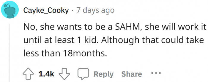 If she wants to be a stay-at-home mom, then she should allow her partner to become a successful person capable of earning for his family.