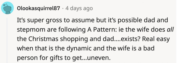 OP’s dad might’ve had no hand in buying the gifts and took the cue of of the stepmom when they looked hurt