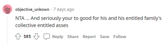 This user sees the man's family as entitled.