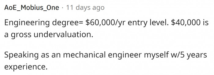 $40K is too low, and he should be earning $60K as an engineer.